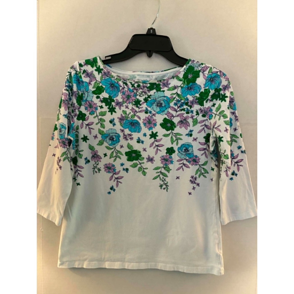 Talbots Petite Womens MP Floral Tee White Blue Green Cottagecore Garden Party